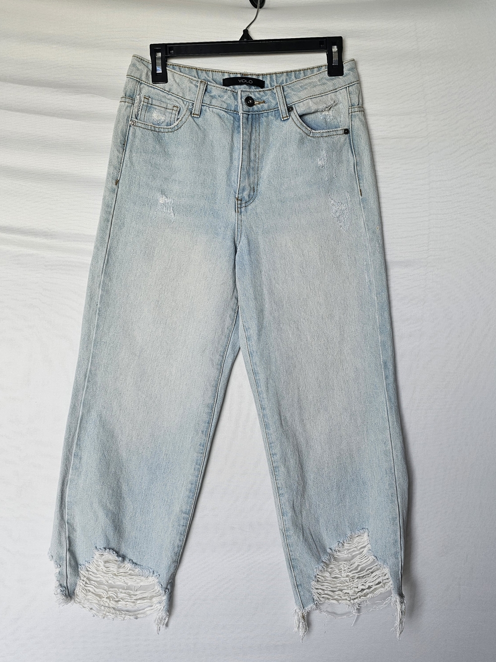 YOLO Light Wash Distressed High Rise Wide Leg Cropped Jeans Size 5/26